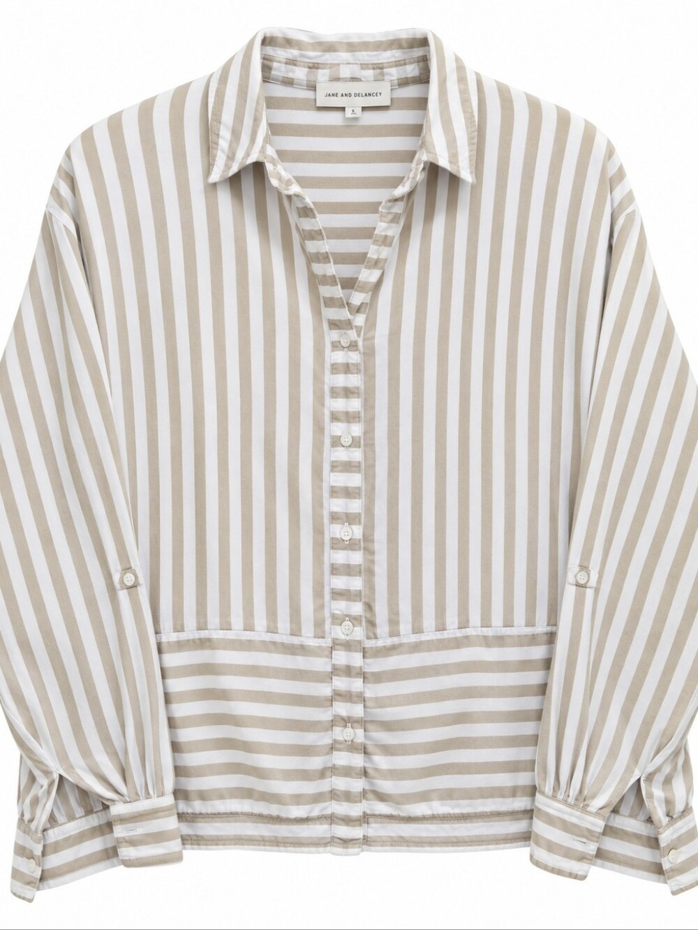 19.Jane + Delancey Anthropologie Striped Beige and White Button-Up Shirt